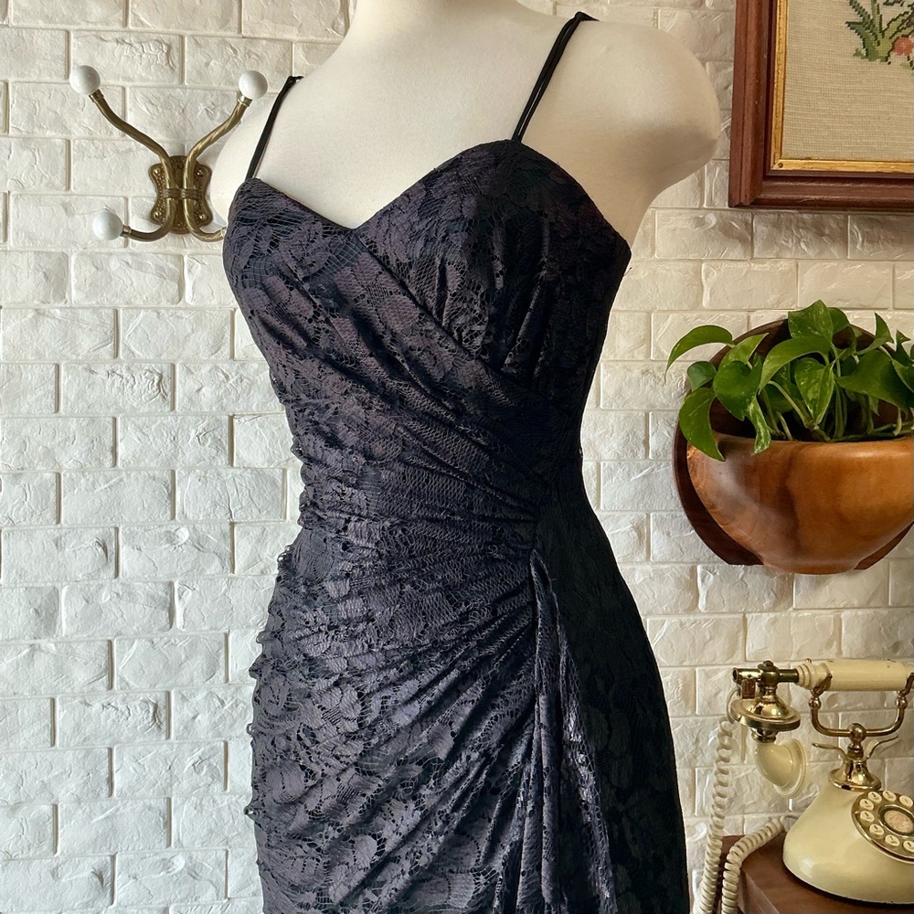 Vintage 1980s Black Lace Overlay Boned Bodice Side Ruched Ruffle Hem Midi Dress - Picture 5 of 17